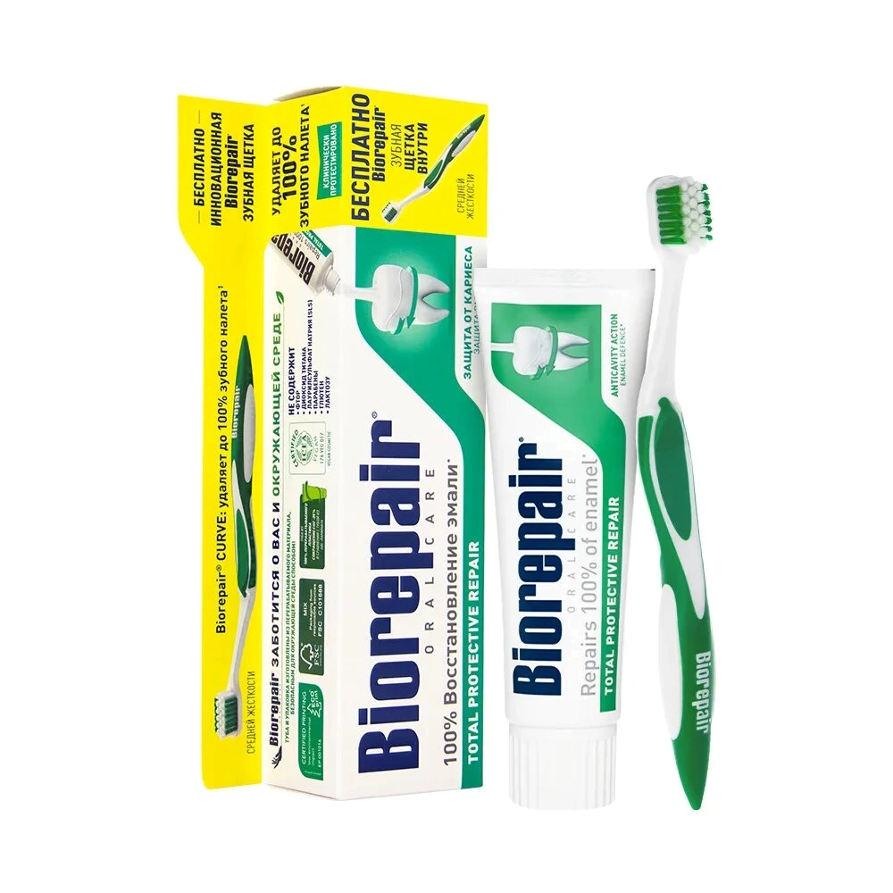 Зубная паста Biorepair Total Protection 75 мл + щетка CURVE Protezione Totale Medium - изображение 1