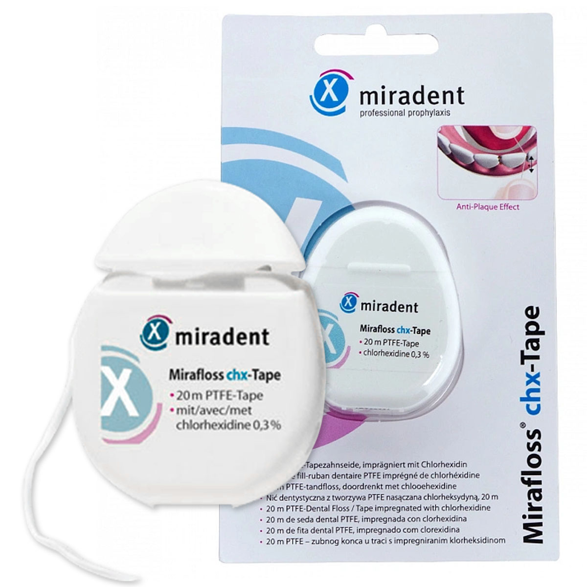 Зубная нить miradent Mirafloss chx-Tape с хлоргексидином, 20 м
