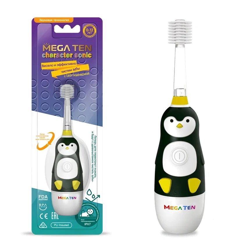 Электрическая зубная щетка MEGA TEN Kids Sonic Пингвиненок фото