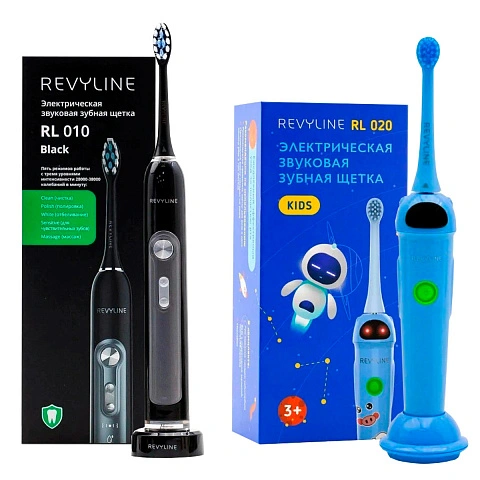 Набор электрических щеток Revyline RL 010 Black + Электрическая зубная щетка Revyline RL 020 Kids Синяя - изображение 1