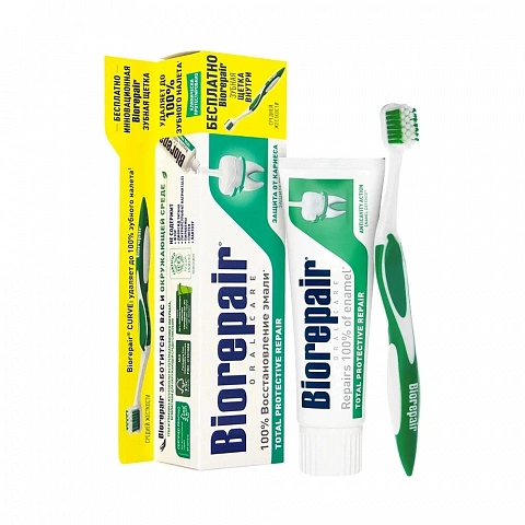 Зубная паста Biorepair Total Protection 75 мл + щетка CURVE Protezione Totale Medium - изображение 1