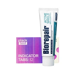 Набор из пасты Biorepair Active Shield, 75 мл +  Таблетки Plack Test Indicator Tabs 12 шт.
