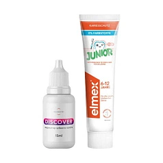 Набор из пасты Elmex Junior  + Жидкость-индикатор налета ON WHITE Discover, 15мл