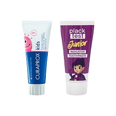 Набор зубных паст: Curaprox Kids 1450 со вкусом арбуза + Plack Test Junior для индикации зубного налета 60г