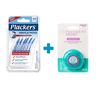 Уход за скученными зубами (силиконовые ёршики Plackers + флосс President)