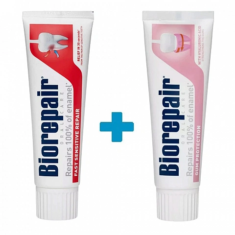 Набор из 2 паст Biorepair: Fast Sensitive Repair + Gum Protection, 75 мл х 2 - изображение 1